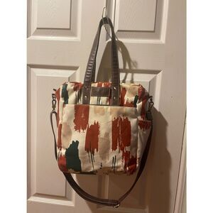Maika Cream Canvas Rust &Green Brushstroke Print Tote shoulder bag Brown straps